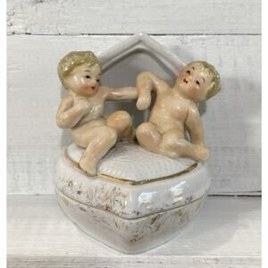 Vintage Ceramic Heart W/ Cherub Babies Lidded Trinket Jewelry Dish Japan Ucago